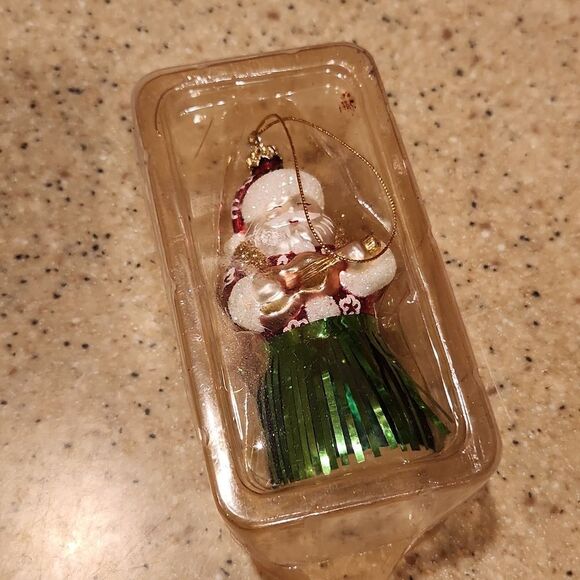 Santa Ukulele Grass Skirt Glass Blown Christmas Ornament - Picture 5 of 5